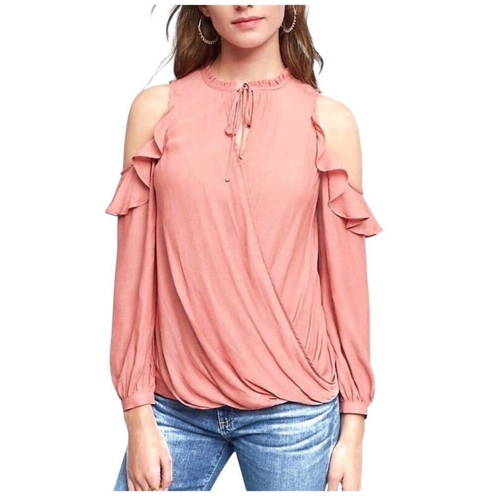Anthropologie Maeve Liesel Cold Shoulder Rose Pink Ruffle Blouse Women's Size XS